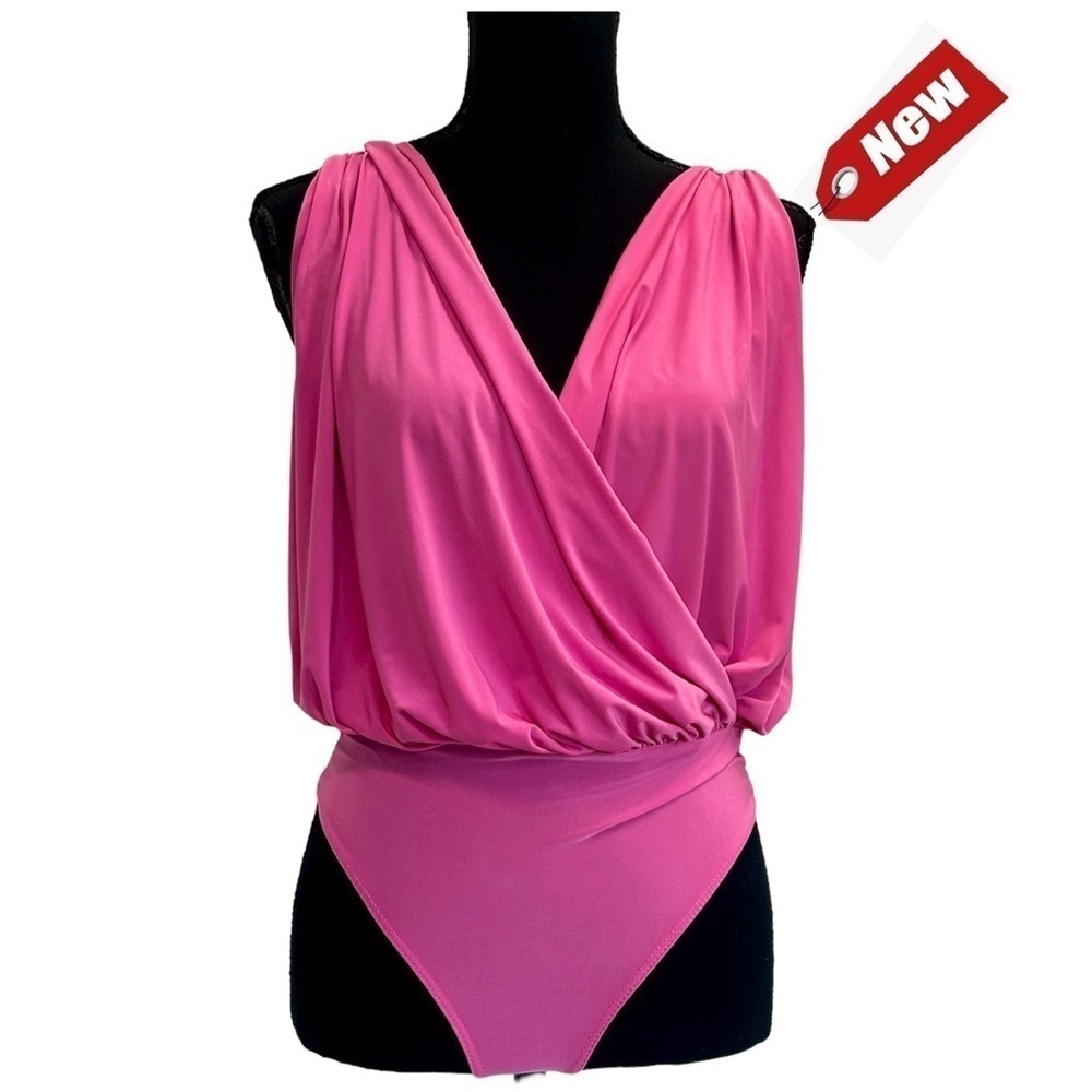 21 Saints pink sleeveless wrap V-neck ruched draped bodysuit stretchy spandex M